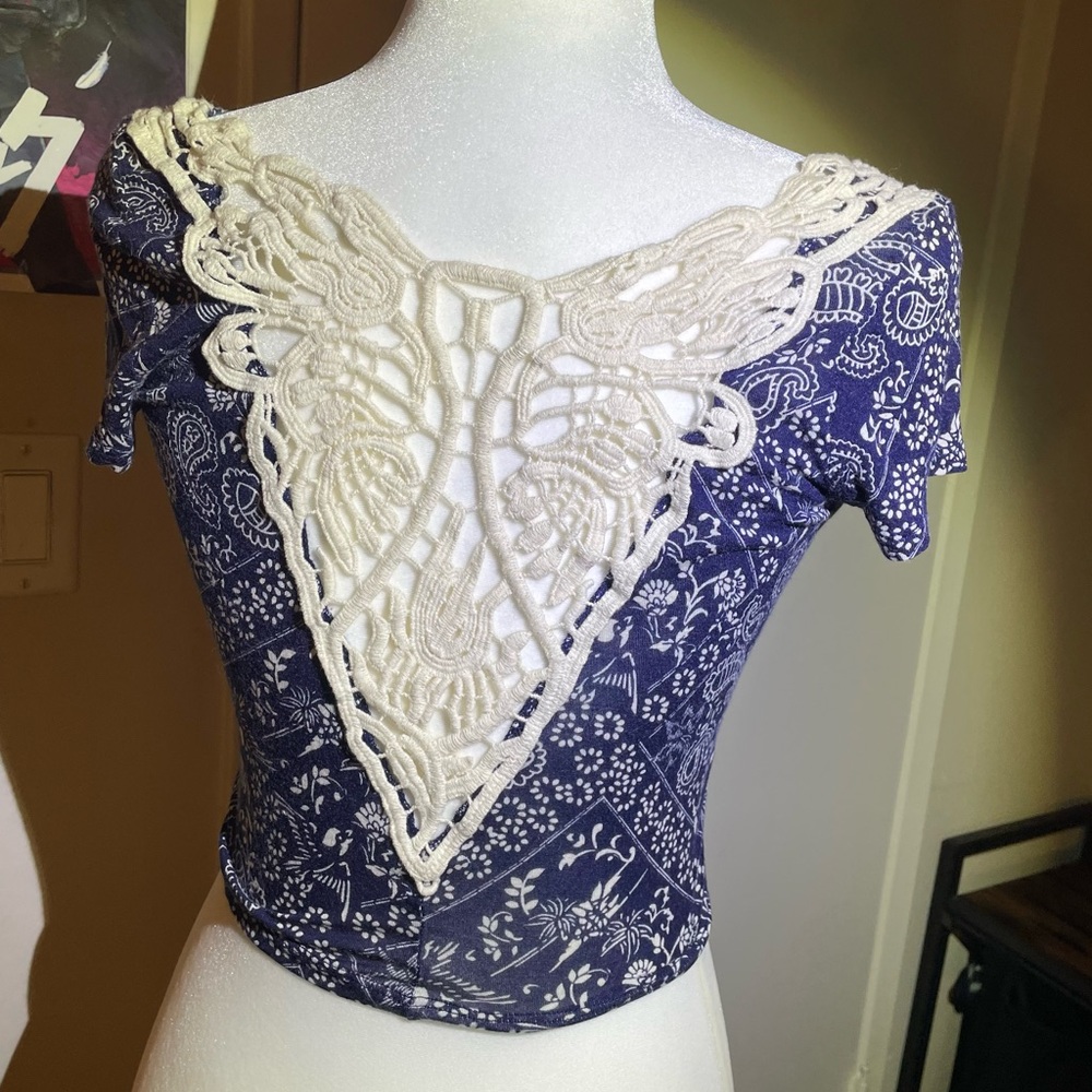 Navy paisley Lace insert Crop Top Wet Seal
